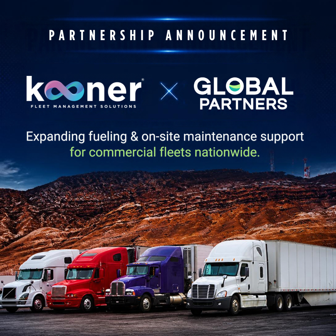 Kooner and Global Partners partnership announcement expanding fueling and maintenance support for commercial fleets nationwide, featuring multiple semi-trucks against desert landscape.