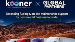 Kooner and Global Partners partnership announcement expanding fueling and maintenance support for commercial fleets nationwide, featuring multiple semi-trucks against desert landscape.