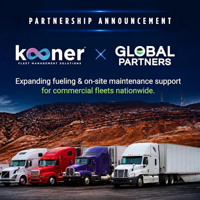 Kooner and Global Partners partnership announcement expanding fueling and maintenance support for commercial fleets nationwide, featuring multiple semi-trucks against desert landscape.
