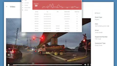 FleetWatcher dashboard displaying dashcam video of truck accident with event analytics showing 59 incidents and detailed incident report data