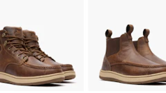 Two brown leather work boots with tan soles shown from side and front angles