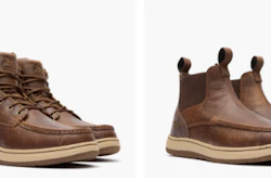 Two brown leather work boots with tan soles shown from side and front angles