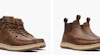 Two brown leather work boots with tan soles shown from side and front angles