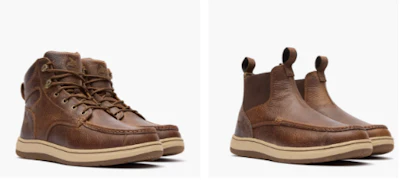 Two brown leather work boots with tan soles shown from side and front angles