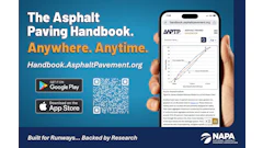 The Asphalt Paving Handbook mobile app advertisement showing website and app store download options with NAPA branding