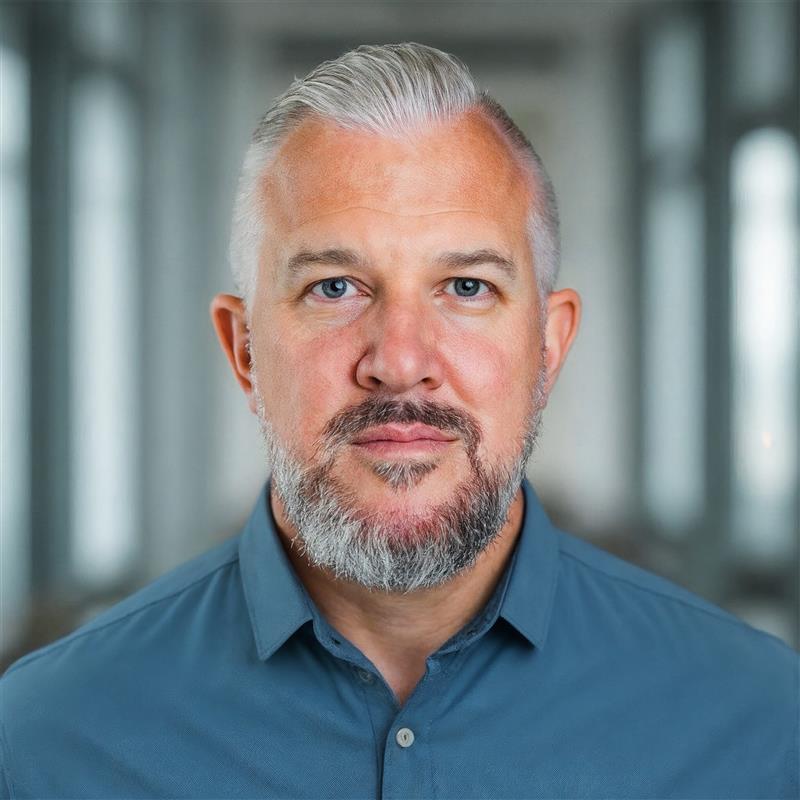 Professional headshot of a middle-aged man with gray hair and beard wearing a blue button-up shirt