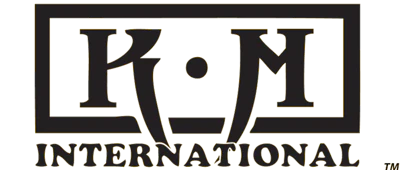 K2M International logo featuring stylized K and M letters with geometric design in black and white