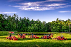 Red farm tractors and equipment lined up in a green field with forest trees under blue sky