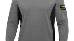 Gray and black long-sleeved crew neck shirt with DEFCON brand patch on sleeve