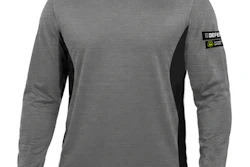 Gray and black long-sleeved crew neck shirt with DEFCON brand patch on sleeve