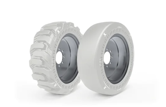 Two industrial tire wheels displayed side by side showing tread and smooth tire designs