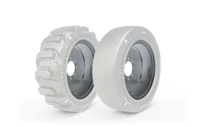 Two industrial tire wheels displayed side by side showing tread and smooth tire designs