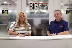 Two professionals at a broadcast desk during The Big Show Coverage event, with CAT sponsorship backdrop visible