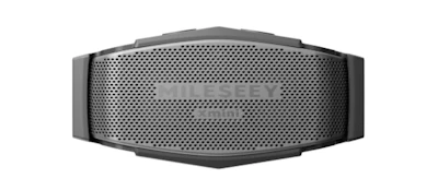 Gray perforated metal mesh grille with dark frame and curved top edge