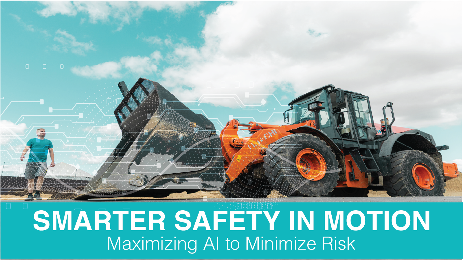 Orange wheel loader dumping gravel with worker and digital safety overlay on turquoise sky background