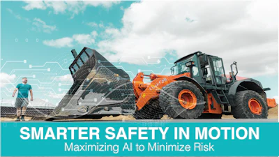 Orange wheel loader dumping gravel with worker and digital safety overlay on turquoise sky background