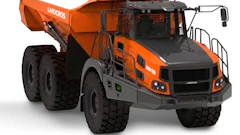 Orange and black Landcros articulated dump truck with six wheels and roof rack, shown in three-quarter view