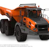 Orange and black Landcros articulated dump truck with six wheels and roof rack, shown in three-quarter view