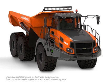 Orange and black Landcros articulated dump truck with six wheels and roof rack, shown in three-quarter view
