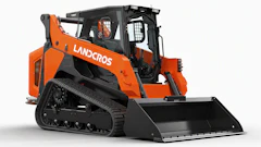 Orange and black Landcros compact track loader with bucket attachment on white background