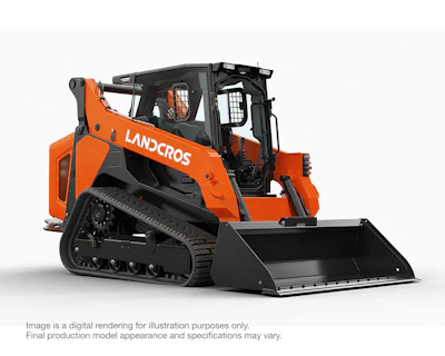 Orange and black Landcros compact track loader with bucket attachment on white background