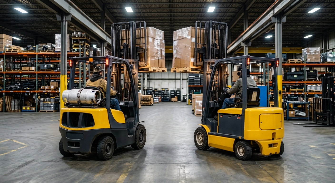 Two yellow and black forklifts operating in an industrial warehouse with shelving and pallets