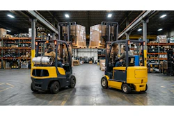 Two yellow and black forklifts operating in an industrial warehouse with shelving and pallets