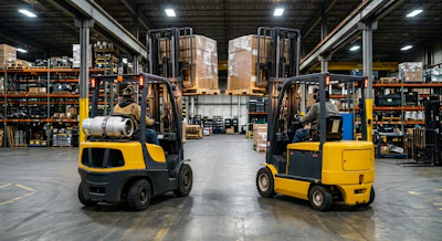 Two yellow and black forklifts operating in an industrial warehouse with shelving and pallets