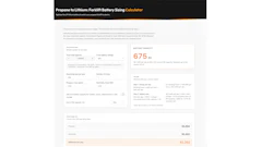 Forklift battery sizing calculator showing 675 Ah capacity with propane vs electricity cost comparison and annual savings breakdown