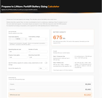 Forklift battery sizing calculator showing 675 Ah capacity with propane vs electricity cost comparison and annual savings breakdown