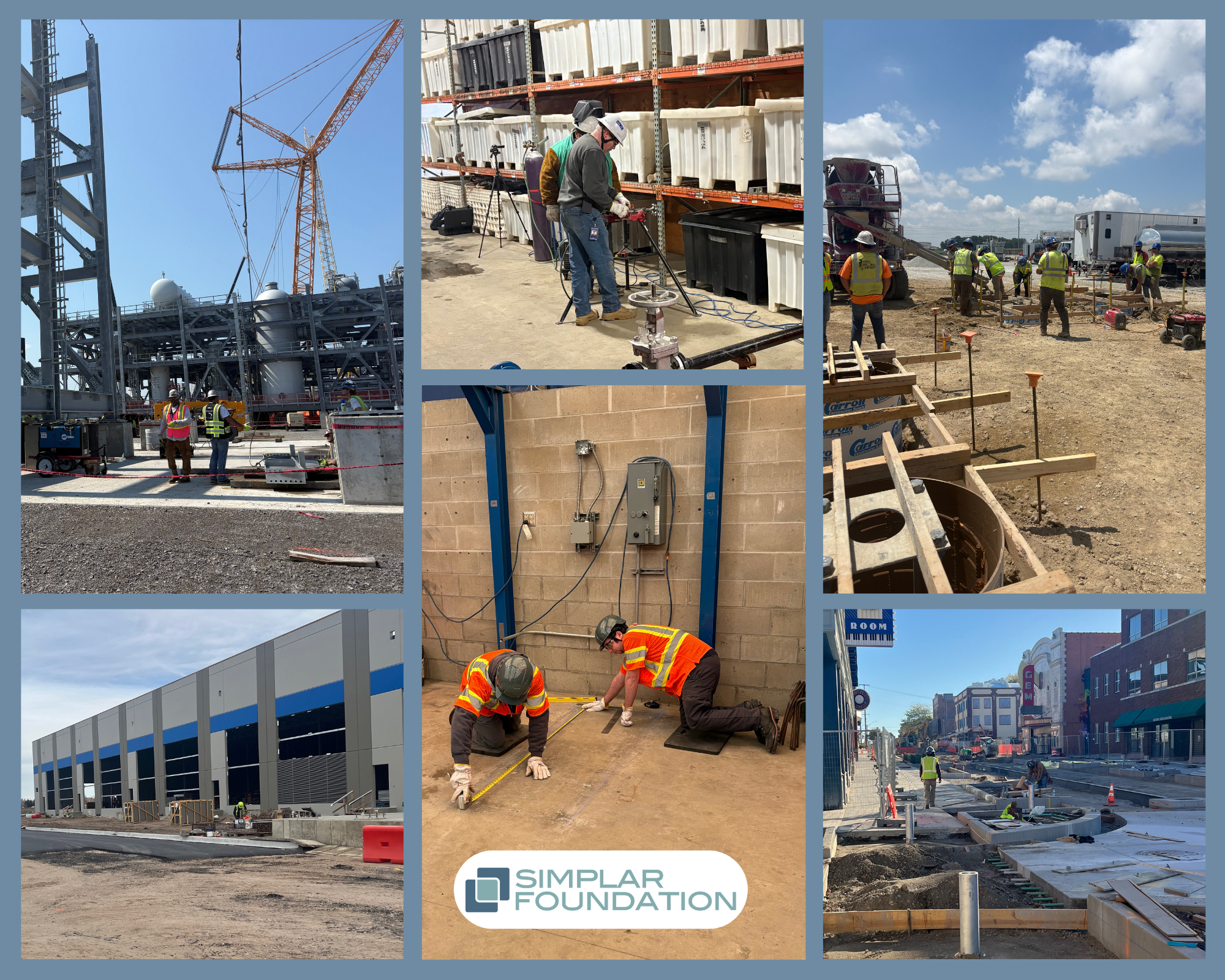 Construction site collage showing workers, equipment, and building progress with Simplar Foundation logo