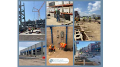 Construction site collage showing workers, equipment, and building progress with Simplar Foundation logo