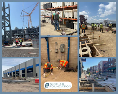 Construction site collage showing workers, equipment, and building progress with Simplar Foundation logo