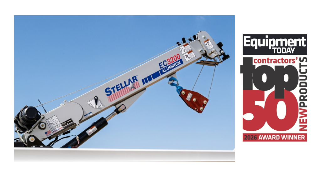 Stellar concrete pump truck with boom extended carrying load, awarded Equipment Today Contractors' Top 50 New Products 2024
