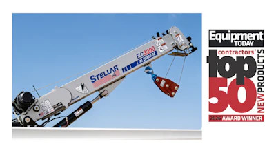 Stellar concrete pump truck with boom extended carrying load, awarded Equipment Today Contractors' Top 50 New Products 2024