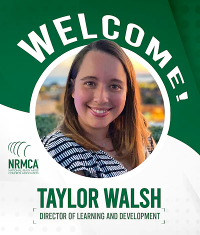 Welcome card for Taylor Walsh, Director of Learning and Development at NRMCA, featuring a portrait photo and green branding