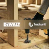 Construction worker using DeWALT drill on wooden frame with Trackunit branding overlay