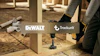 Construction worker using DeWALT drill on wooden frame with Trackunit branding overlay
