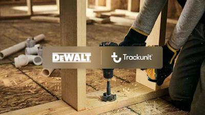 Construction worker using DeWALT drill on wooden frame with Trackunit branding overlay