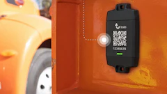 S300 GPS tracker device mounted on orange construction trailer with QR code and serial number