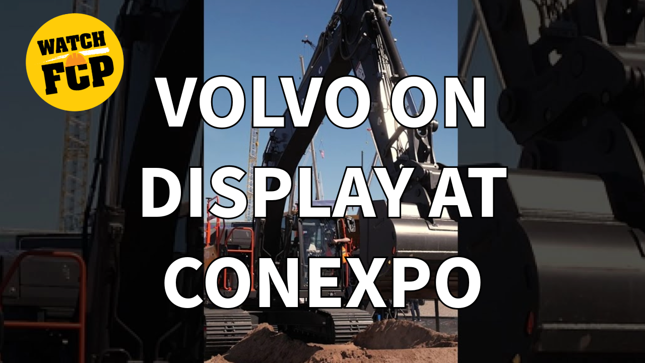 Volvo excavator on display at CONEXPO construction equipment expo with Watch FCP badge