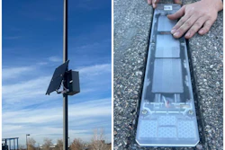 Solar panel device mounted on outdoor pole with close-up view of internal solar cell components