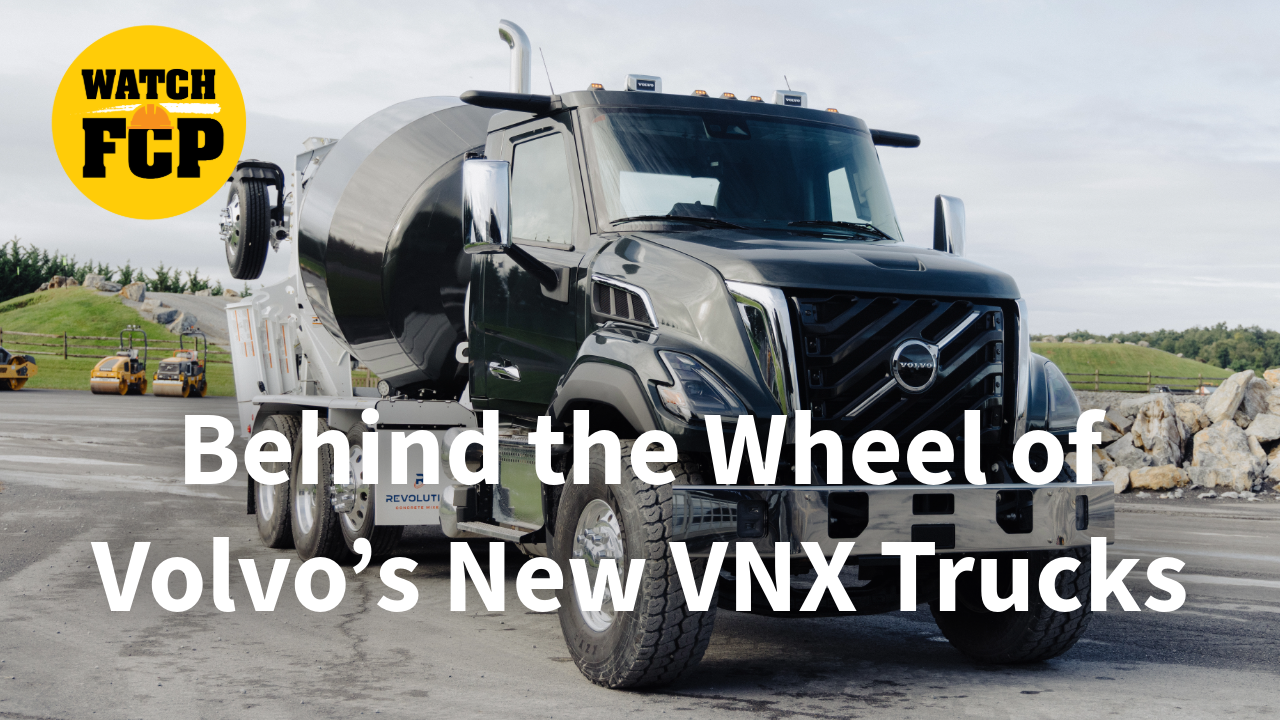 Volvo VNX cement mixer truck on industrial site with 'Watch FCP' overlay