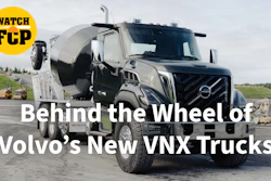 Volvo VNX cement mixer truck on industrial site with 'Watch FCP' overlay