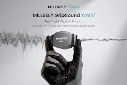 MILESEEY GripSound Xmini ultra-light wearable jobsite speaker held in gloved hand with sound waveform visualization